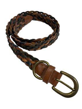 Braided Earthy Bohemian Brass Buckle Adjustable No Holes Woven Leather Belt M-L